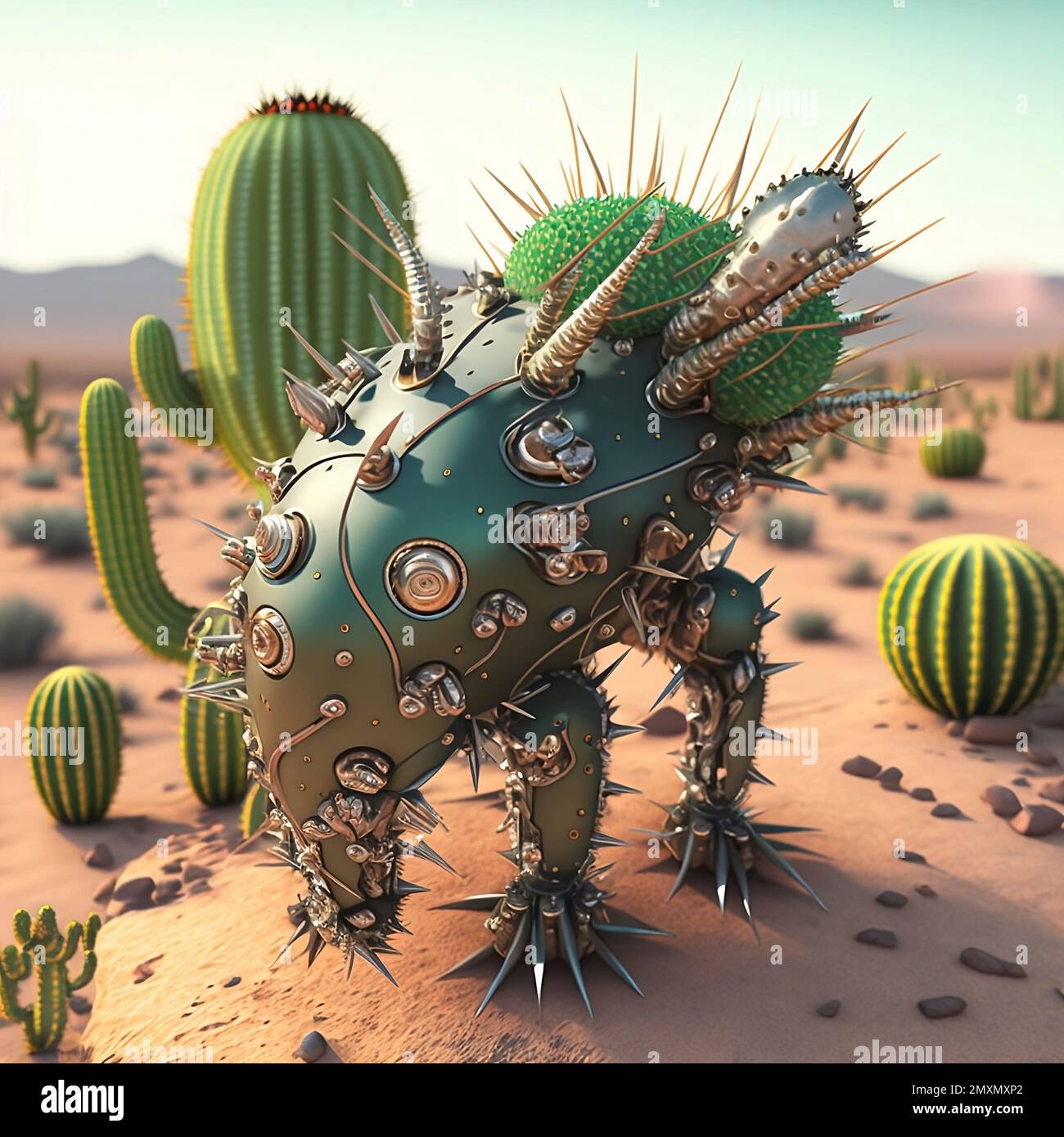 Illustrazione digitale di un Cactus in stile robotico in un deserto Foto Stock