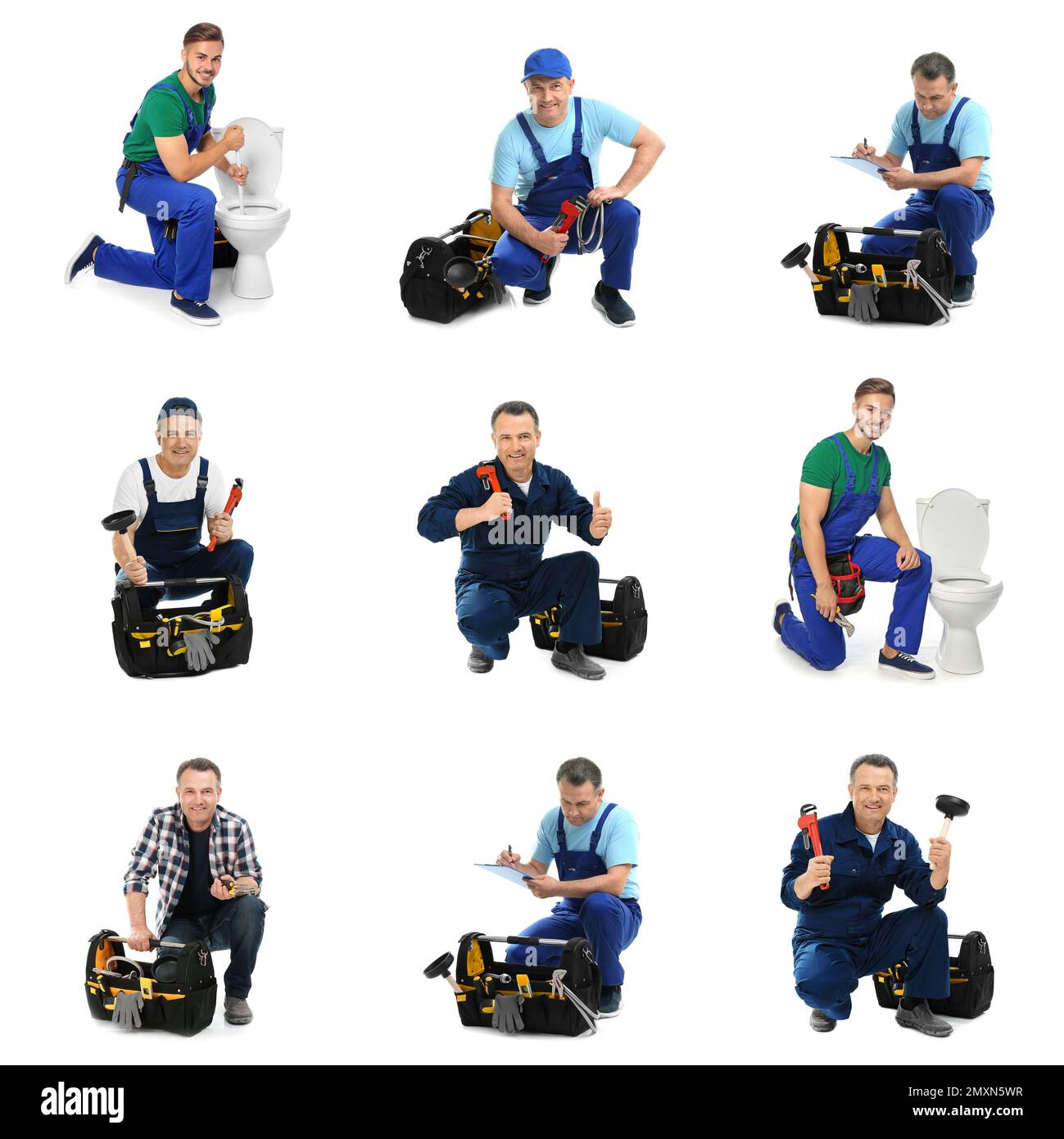 Collage con foto di idraulici su sfondo bianco Foto Stock