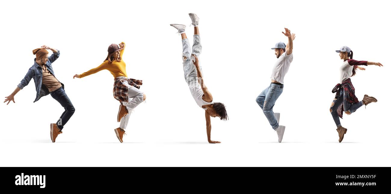 Un ragazzo afroamericano che esegue un cavalletto e altre persone che ballano isolate su sfondo bianco Foto Stock