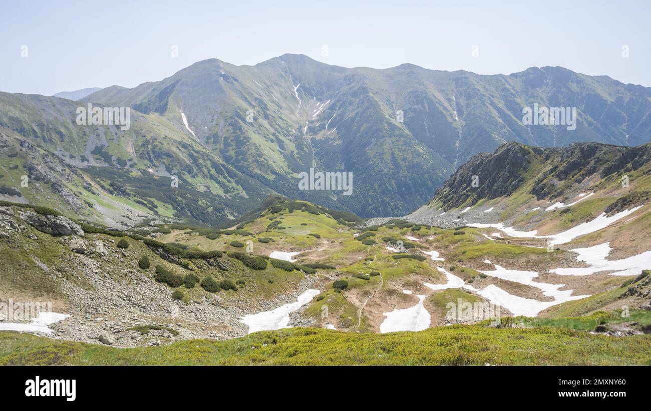 Verde valle alpina coperta di macchie di neve a caso all'inizio della primavera, UE, Slovacchia Foto Stock