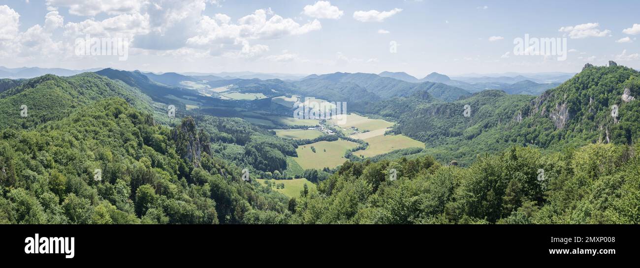 Vista panoramica sulla verde valle circondata da boschi lussureggianti e montagne, UE, Slovacchia Foto Stock