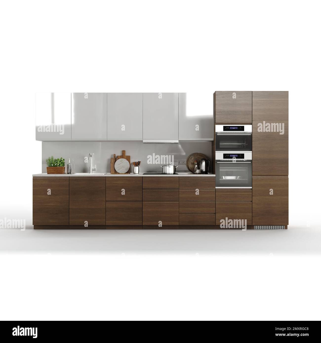 Un rendering 3D di cucina moderna su sfondo bianco Foto Stock