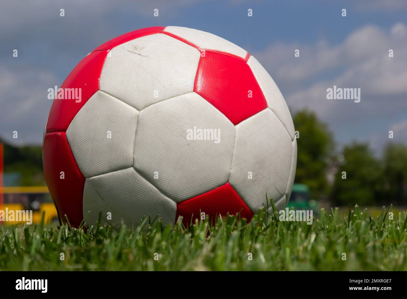 vista ravvicinata della palla da calcio in pelle sull'erba verde. Foto Stock