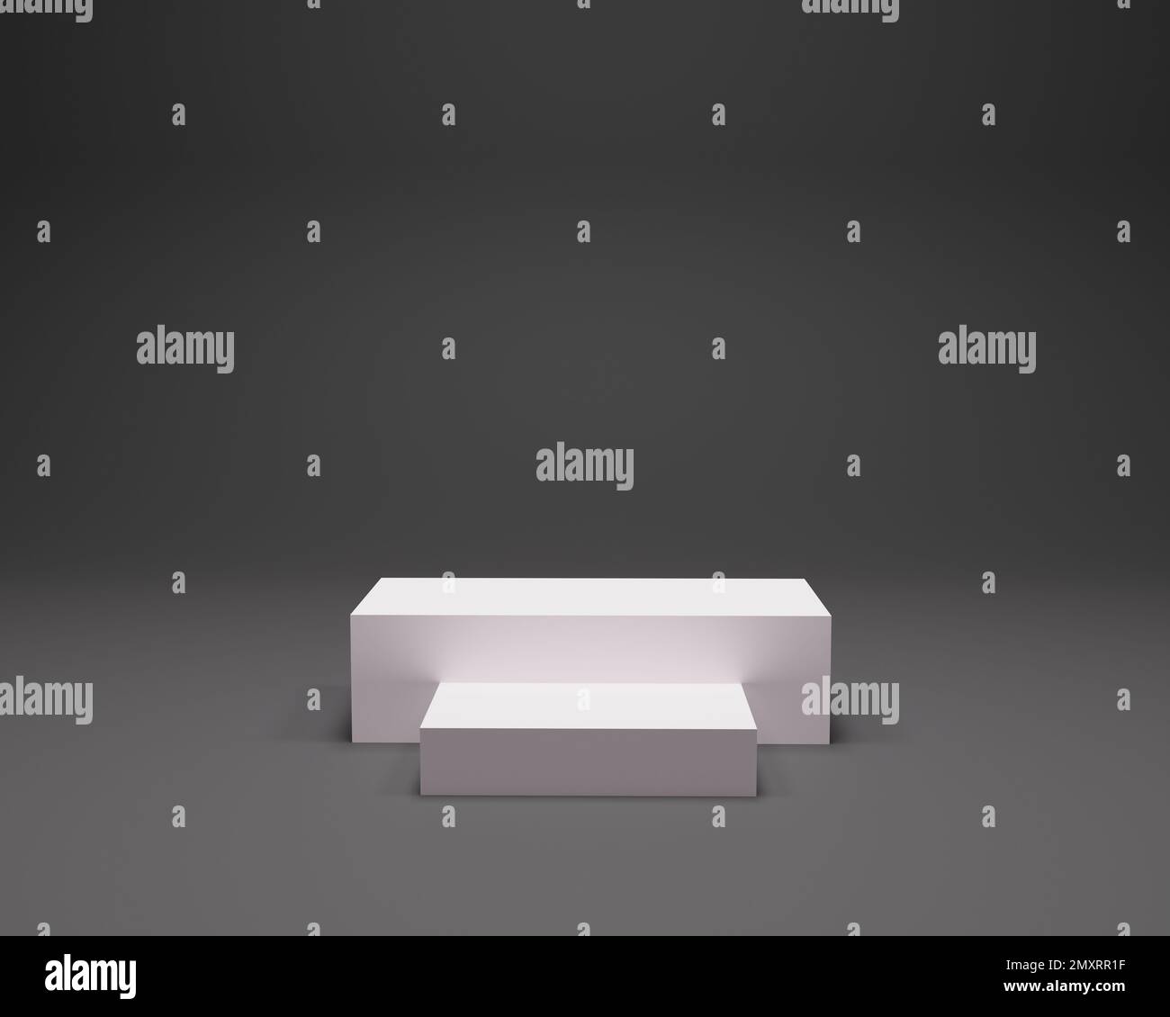 podio a cubo bianco su sfondo nero. Scenografia Studio per prodotto, design minimale, rendering 3D Foto Stock
