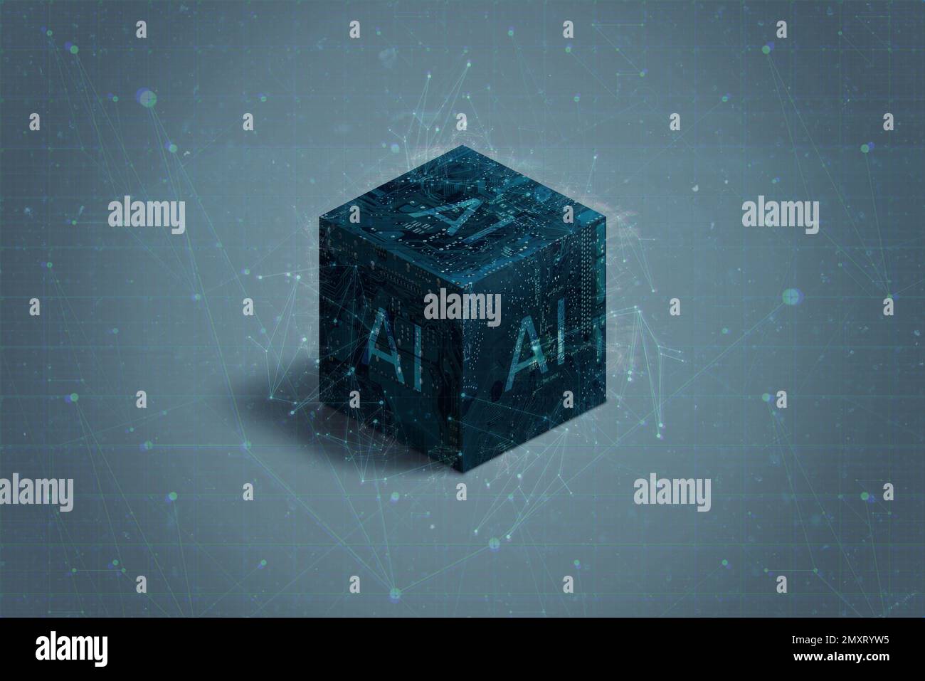 Cubo elettronico astratto e futuristico, che rappresenta il concetto di intelligenza artificiale. L'elegante superficie metallica del cubo e le luci scintillanti si risplendono Foto Stock