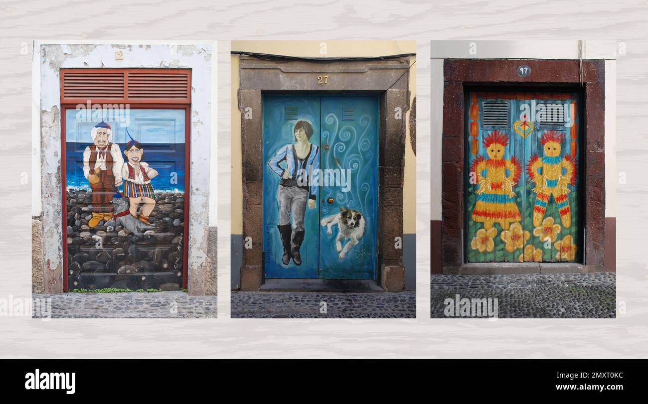 Le porte dipinte di Rua de Santa Maria illuminano una delle strade più antiche di Funchal. Si possono trovare oltre 200 porte, ognuna dipinta con un design diverso Foto Stock