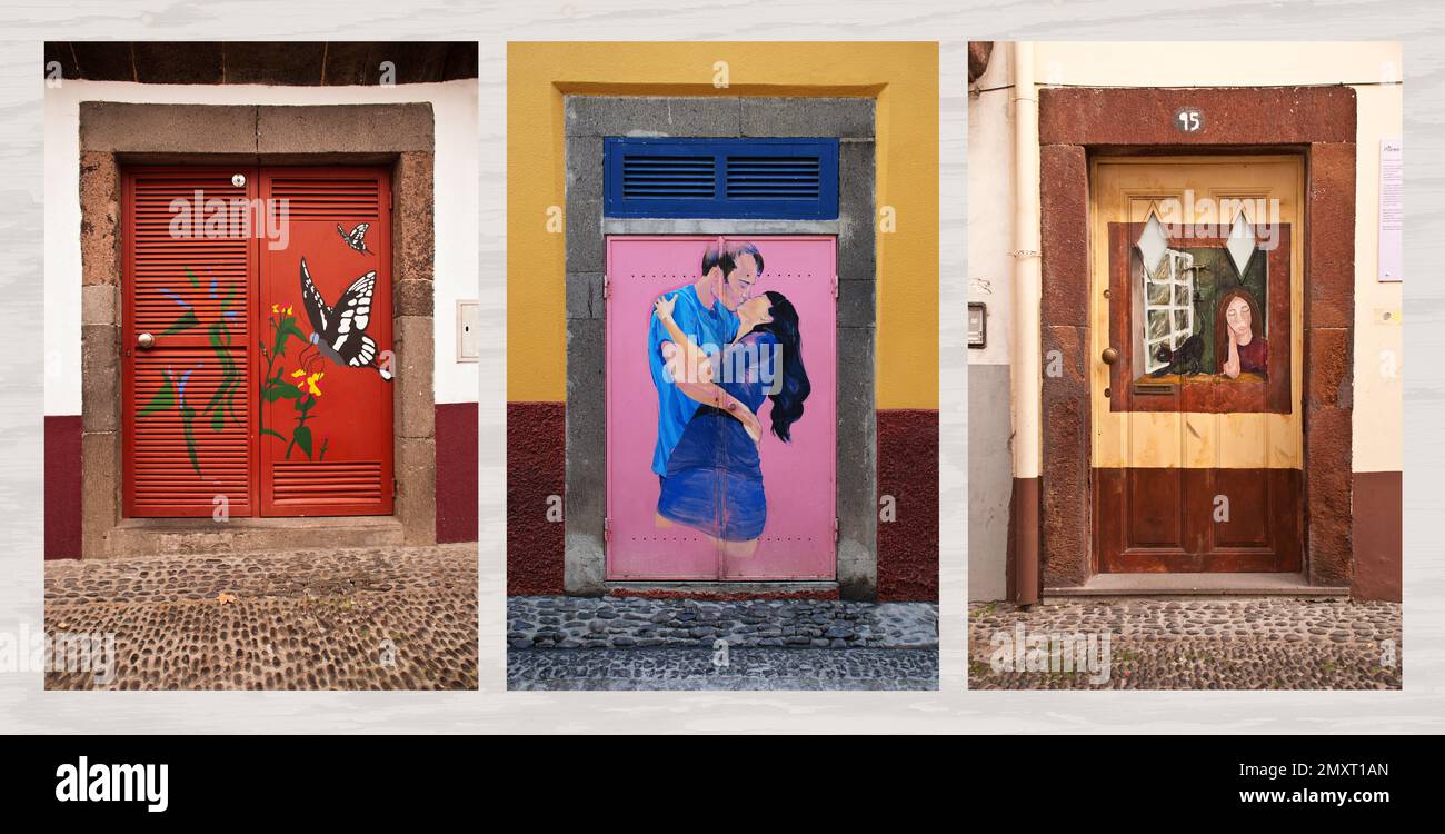 Le porte dipinte di Rua de Santa Maria illuminano una delle strade più antiche di Funchal. Si possono trovare oltre 200 porte, ognuna dipinta con un design diverso Foto Stock