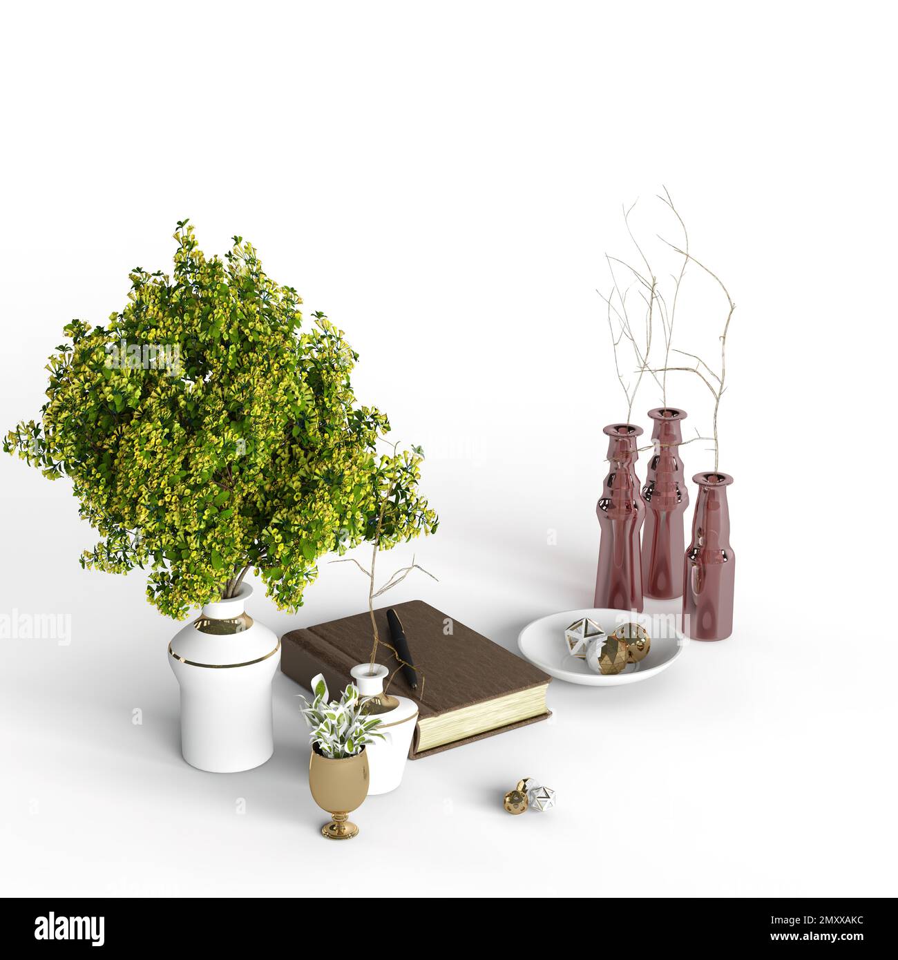 Un'illustrazione digitale di vasi da fiori, piante, un libro e altri elementi interni su sfondo bianco Foto Stock