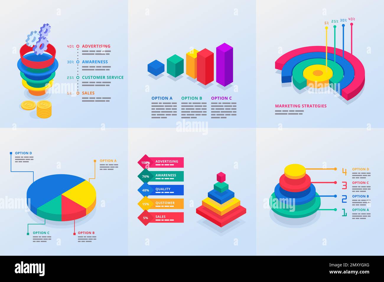 Sei modelli di infografica per la presentazione di marketing con piramide a imbuto e diagrammi a cerchio multicolore illustrazione isometrica vettoriale Illustrazione Vettoriale