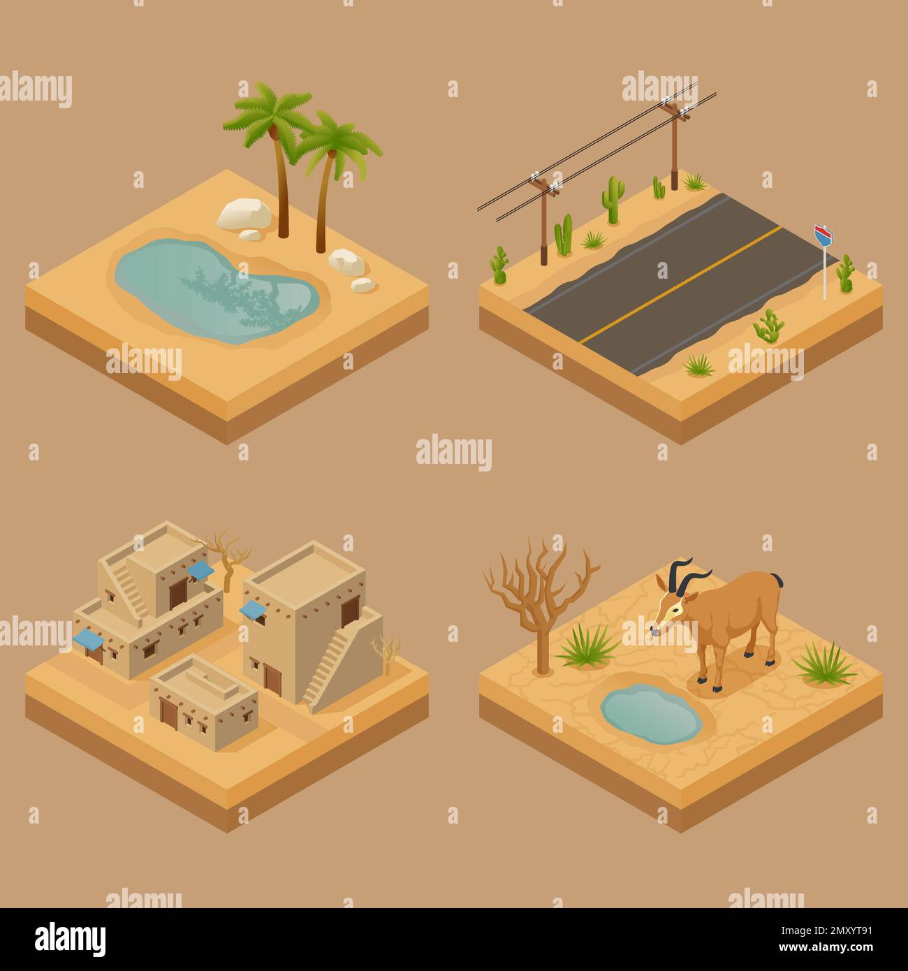 Paesaggio desertico 2x2 concept set di quattro composizioni isometriche con animali da oasi stradali e illustrazione vettoriale della dimora Illustrazione Vettoriale