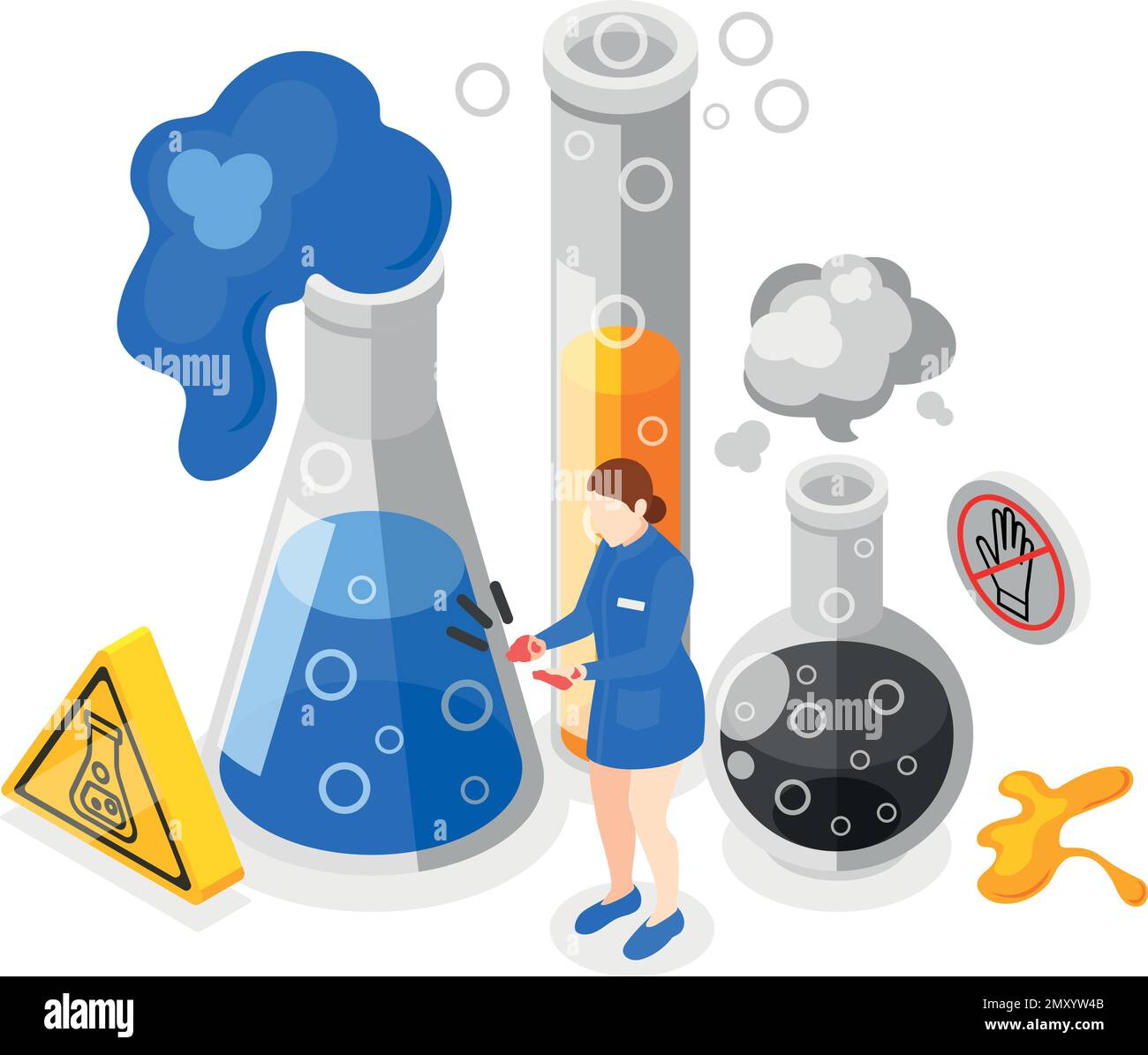 Precauzioni di sicurezza sul luogo di lavoro composizione isometrica con donna con illustrazione vettore di lesione chimica Illustrazione Vettoriale