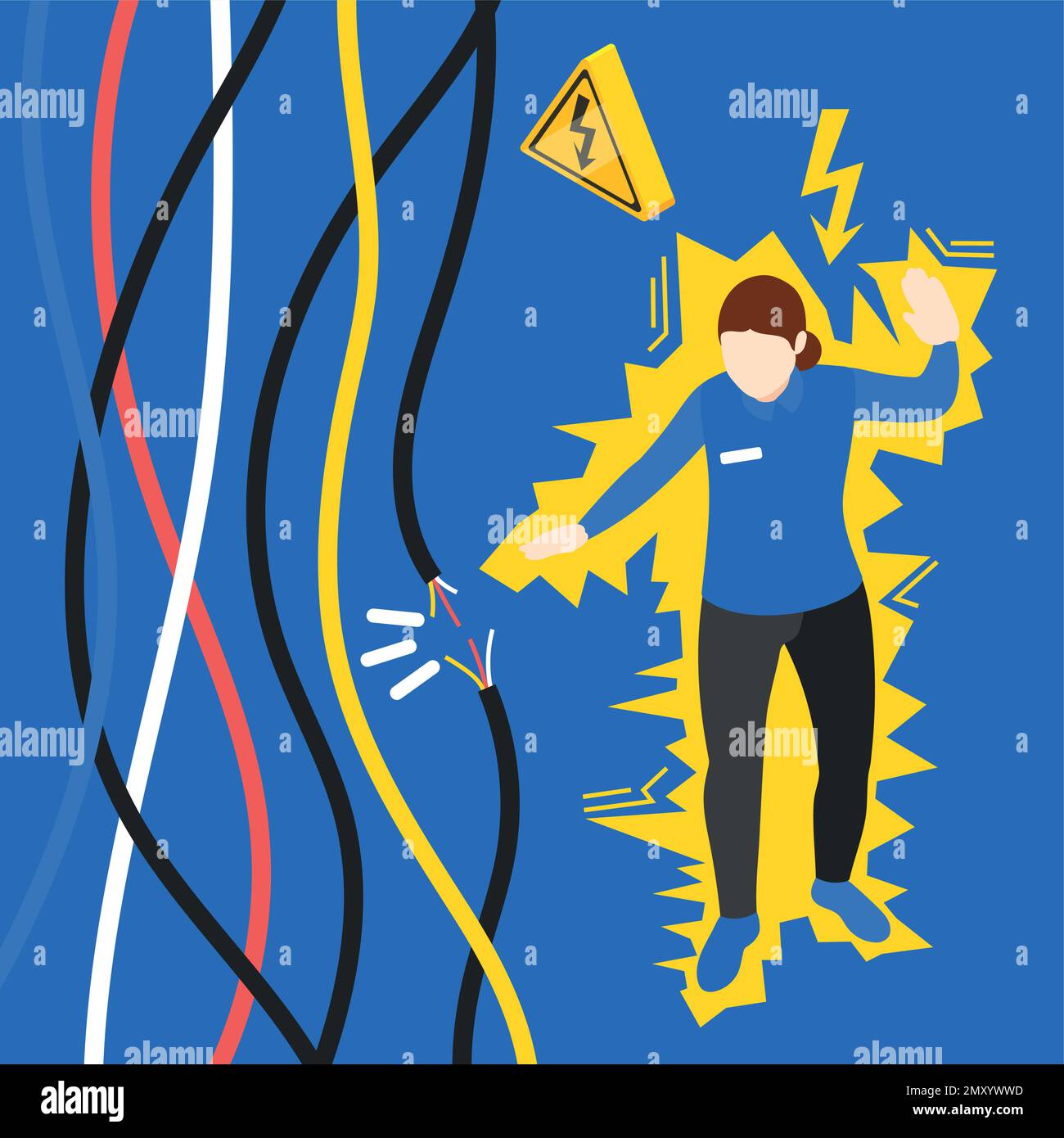 Precauzioni di sicurezza sul luogo di lavoro concetto isometrico con ragazza che ottiene scossa elettrica da filo rotto vettore illustrazione Illustrazione Vettoriale