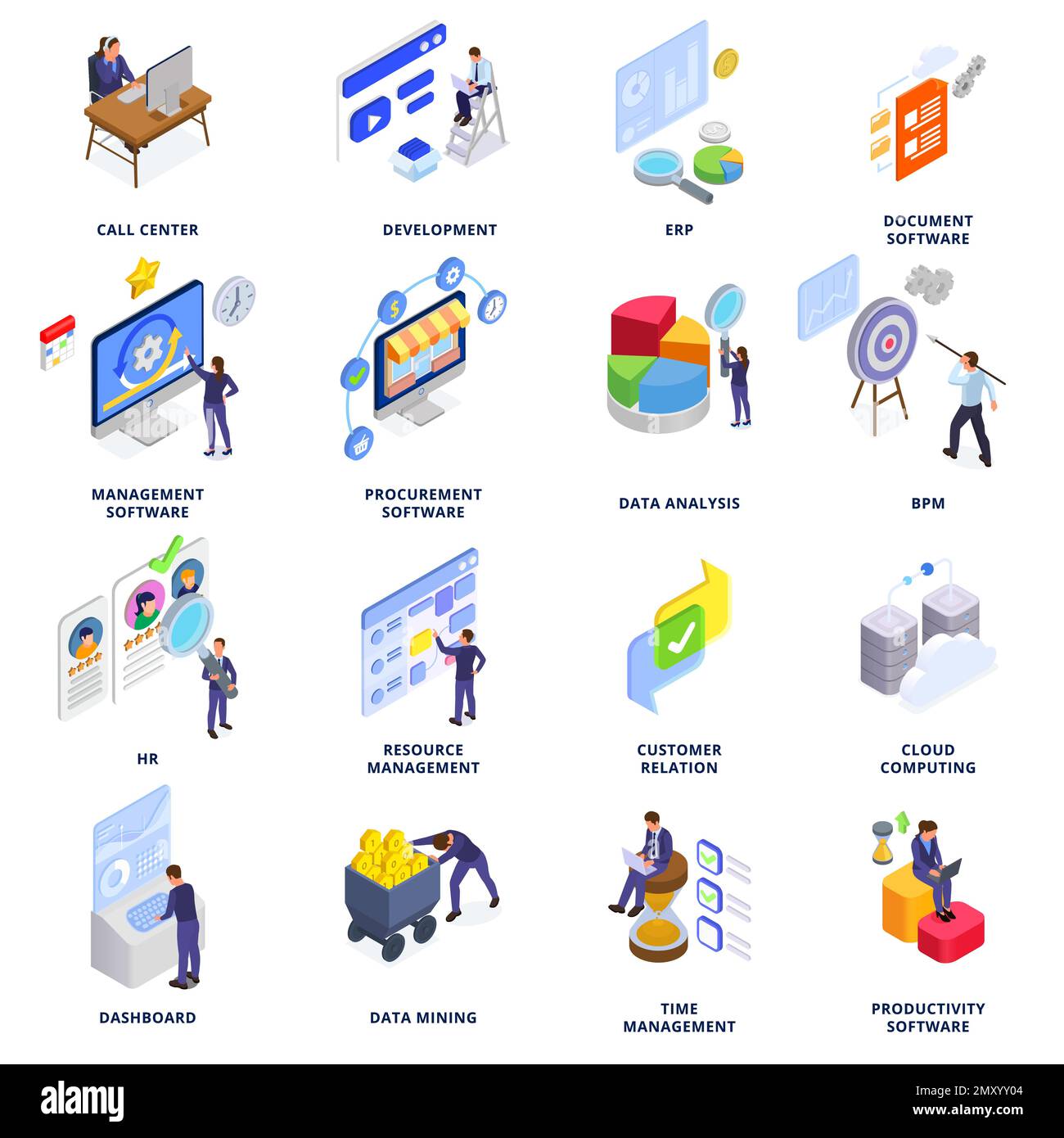 Business software isometrico set di call center sviluppo relazione cliente data mining approvvigionamento dashboard icone isolate vettore illustrazione Illustrazione Vettoriale