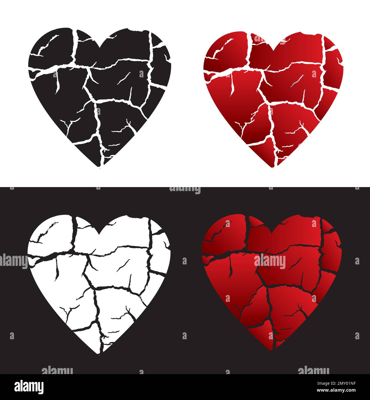 Simbolo del cuore incrinato, amore infelice. Quattro simboli a forma di cuore che simboleggiano la fine dell'amore. Vettore disponibile. Illustrazione Vettoriale