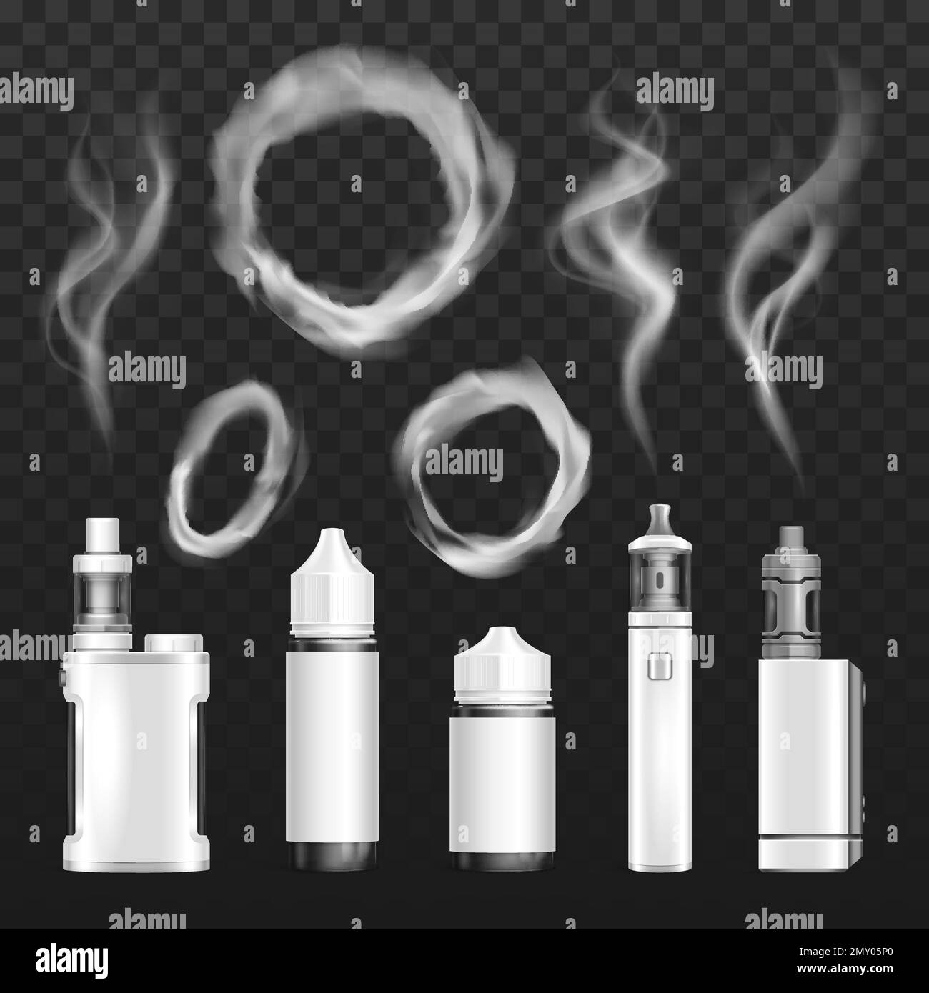 Realisticamente vape fumo anelli set di icone isolate con fumo bianco puffs e usa e getta fumo dispositivi di illustrazione vettoriale Illustrazione Vettoriale