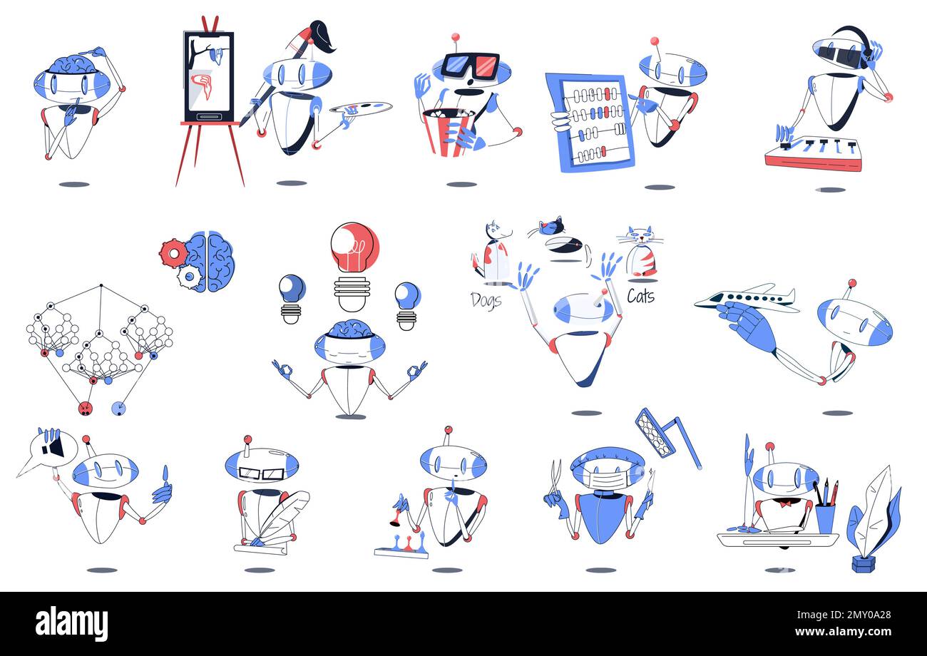 Intelligenza artificiale piatto colorato icona set robot pensa dipinge immagini prende decisioni e brainstorms gioca a scacchi e conduce la chirurgia vettore malato Illustrazione Vettoriale