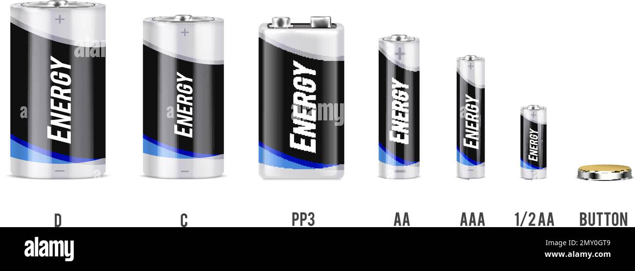 Tipi di batterie con dimensioni e capacità diverse Set realistico isolato  su sfondo bianco illustrazione vettoriale Immagine e Vettoriale - Alamy