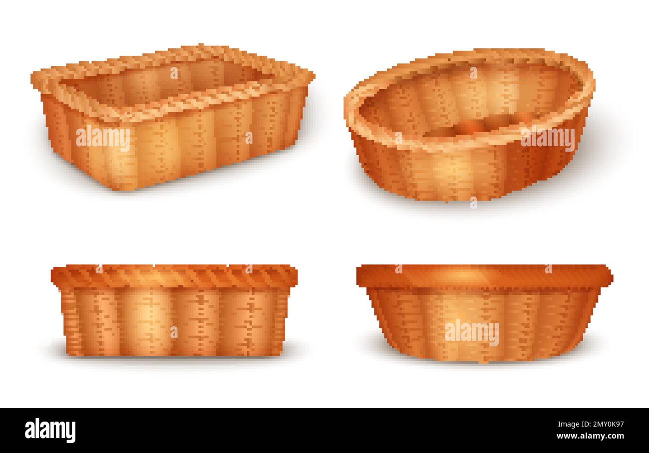 Quattro realistiche icona cestino di vimini di pane di frutta impostare vista laterale e superiore vettore illustrazione Illustrazione Vettoriale