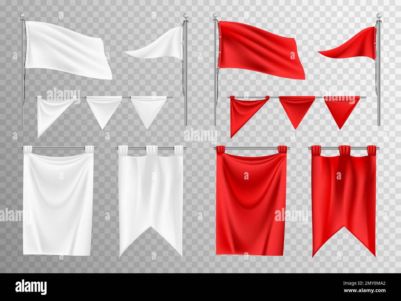 Realisticamente fluttuante bianco e rosso flag mockup di forme diverse impostato isolato su sfondo trasparente vettore illustrazione Illustrazione Vettoriale
