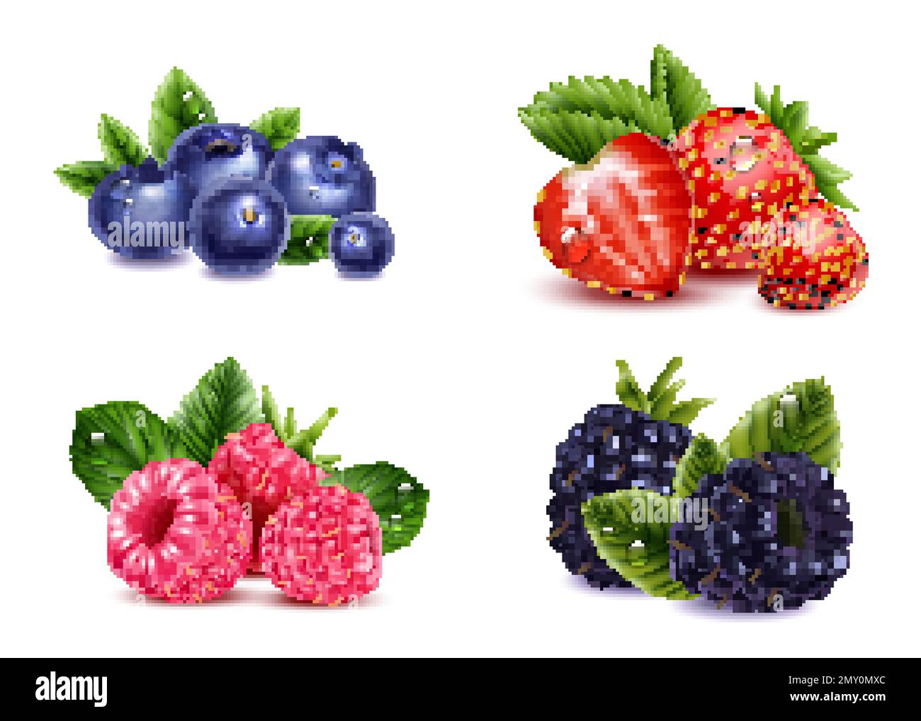 Set trasparente di frutti di bosco realistico con immagini isolate di mora di fragola di lampone e mirtilli rossi con illustrazione vettoriale delle foglie Illustrazione Vettoriale
