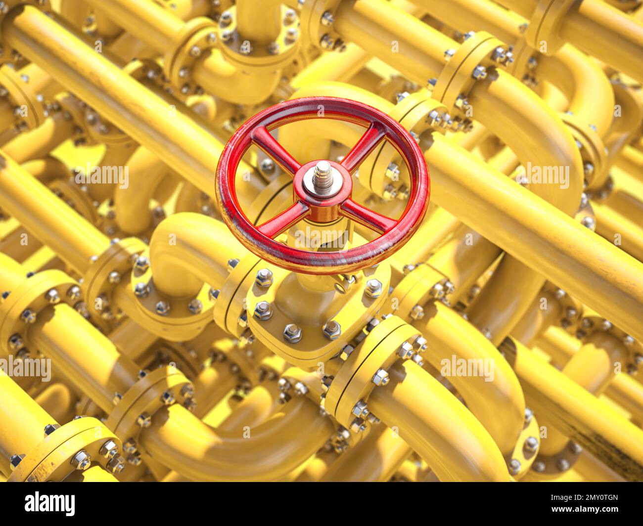 Valvola della tubazione dell'olio o del gas. Controllo del petrolio e del gas, estrazione, produzione e trasporto. illustrazione 3d Foto Stock