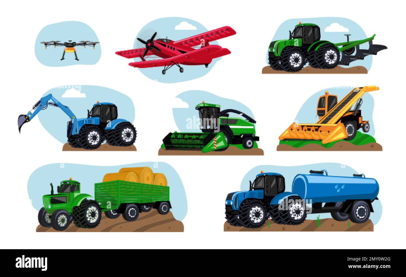 Le macchine agricole trasportano un set di veicoli isolati piani con trattori, escavatori e mietitrebbie con illustrazione vettoriale di aeroplani Illustrazione Vettoriale