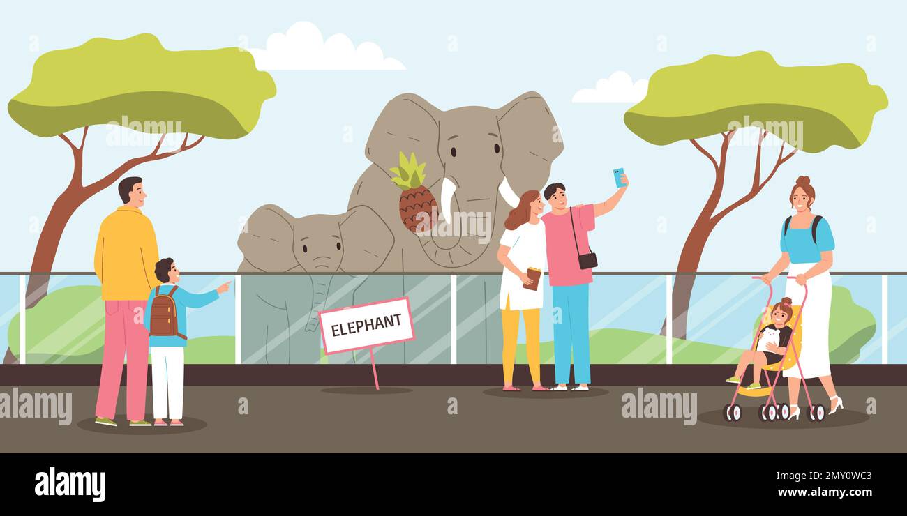 Persone che guardano e scattano foto di elefanti in zoo piatto vettore illustrazione Illustrazione Vettoriale