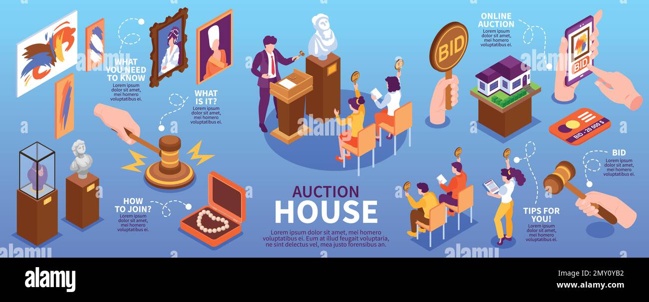 Set infografico di aste con simboli di BID Tips illustrazione isometrica vettoriale Illustrazione Vettoriale