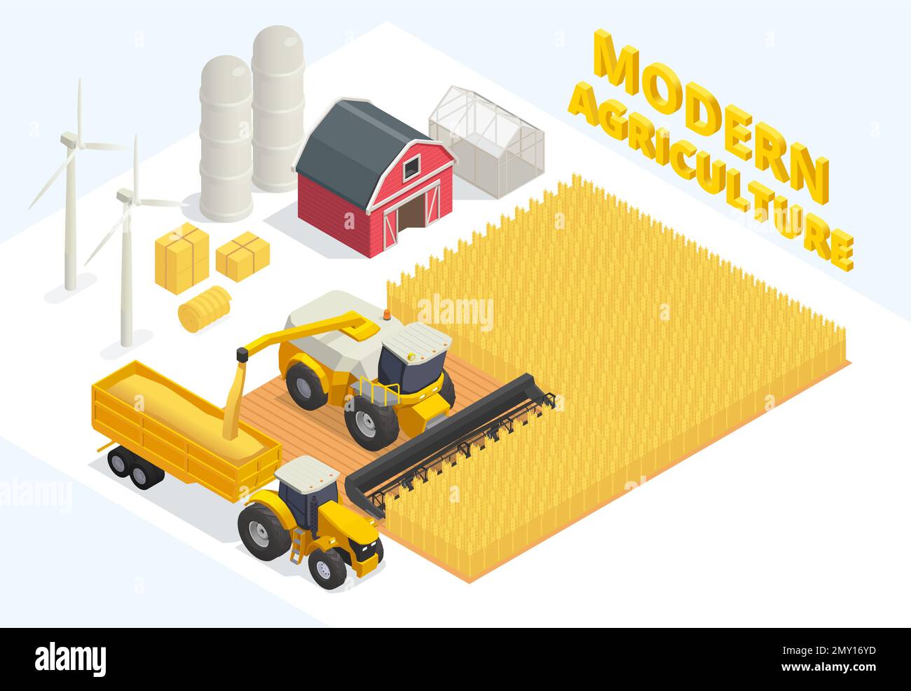 Composizione agricola moderna isometrica con trebbiatrice automatica del grano turbine eoliche a effetto serra fienile 3D illustrazione vettoriale Illustrazione Vettoriale