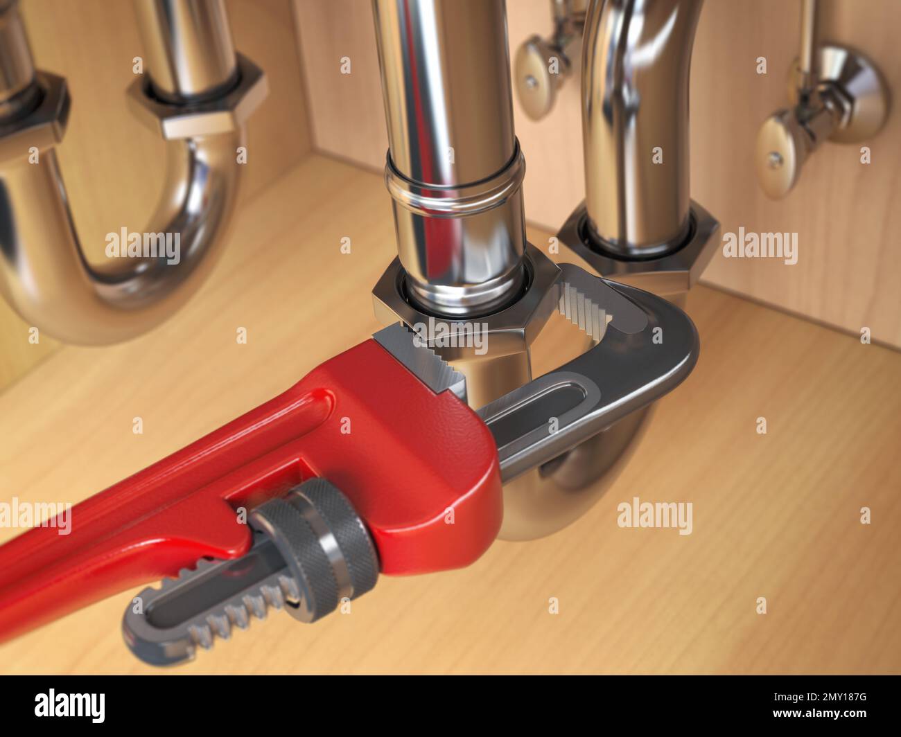 Idraulico utilizzando una chiave regolabile per riparare un tubo dell'acqua sotto il lavello. illustrazione 3d Foto Stock