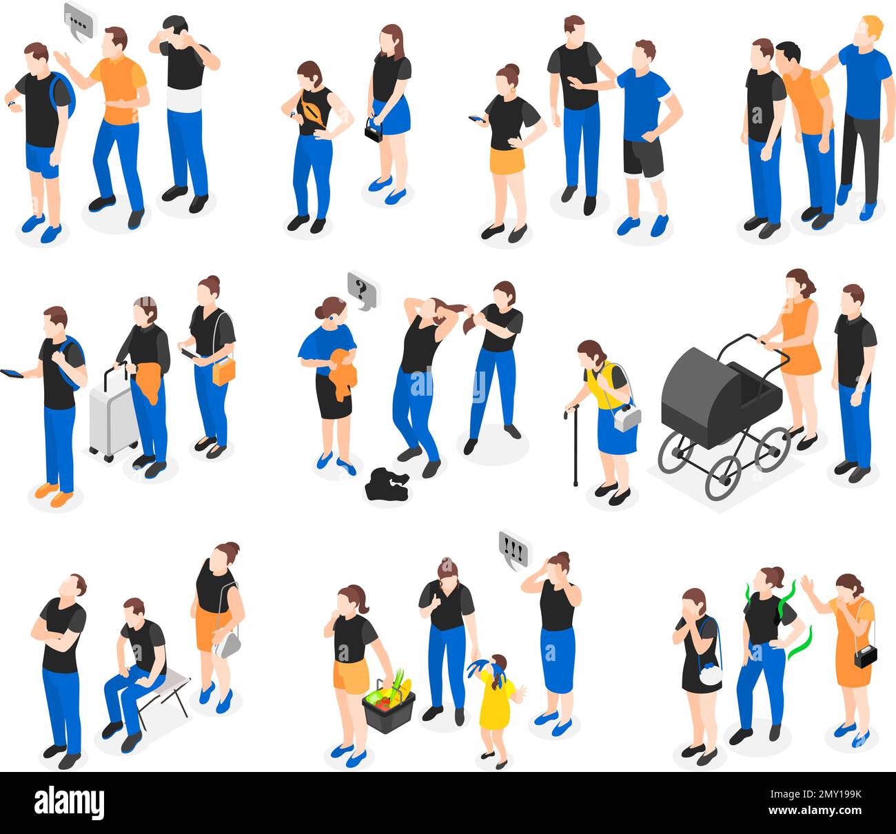 Icona isometrica della coda consente di impostare diversi tipi di code e diverse relazioni tra le persone tra quelle in attesa Illustrazione Vettoriale