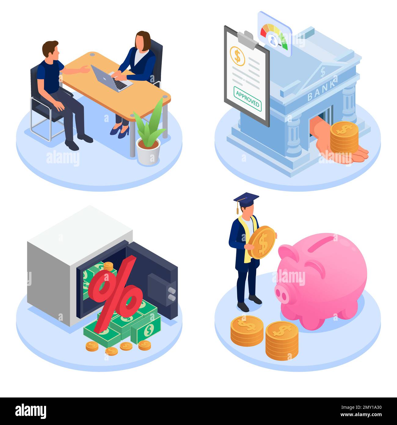 Banca credito studente prestito ipoteca isometrico concetto di progettazione set con soldi e persone isolato 3D vettore illustrazione Illustrazione Vettoriale