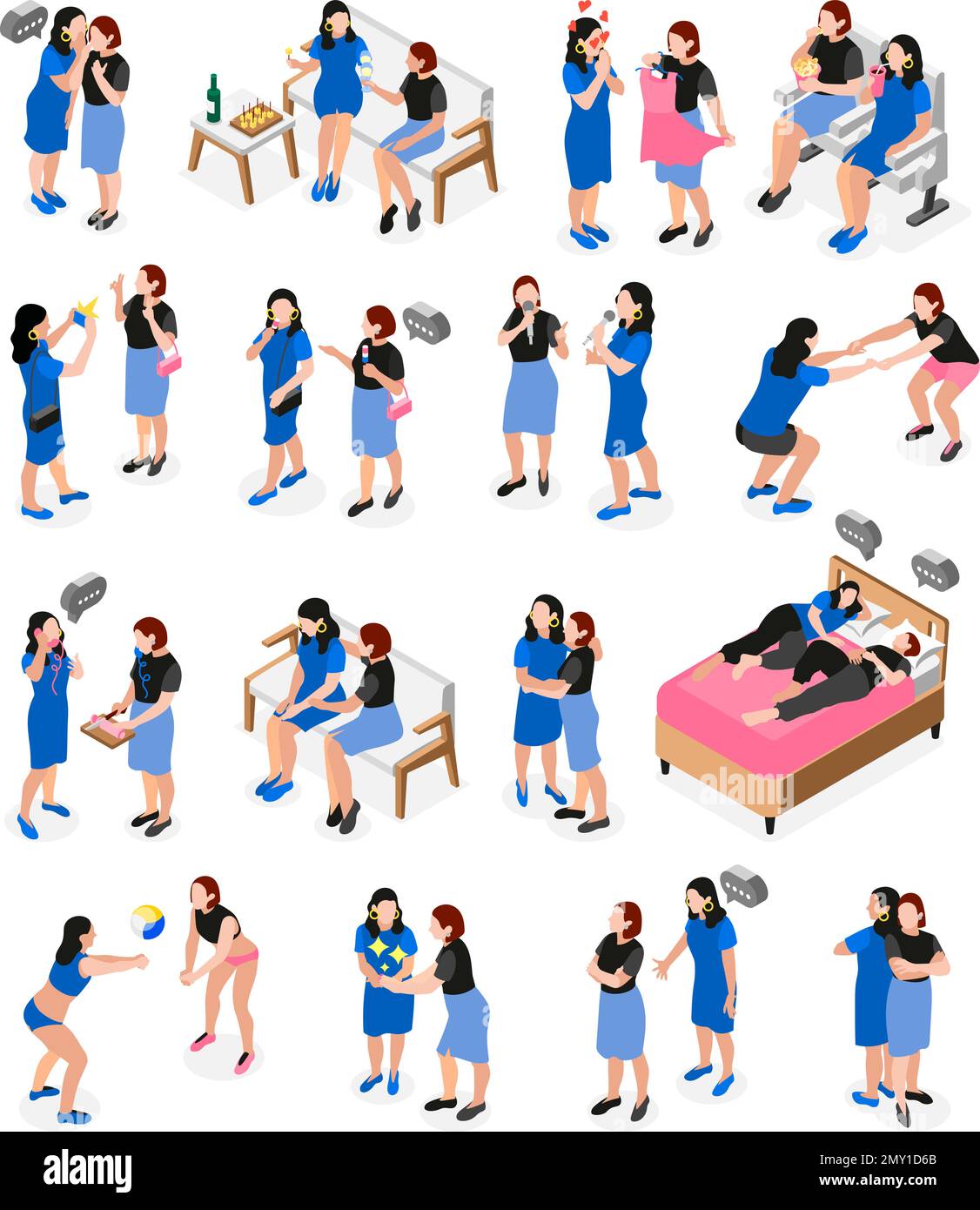 Amici femminili icona isometrica impostare due amici uscire facendo cose generali chattare divertirsi cantando karaoke vettore illustrazione Illustrazione Vettoriale