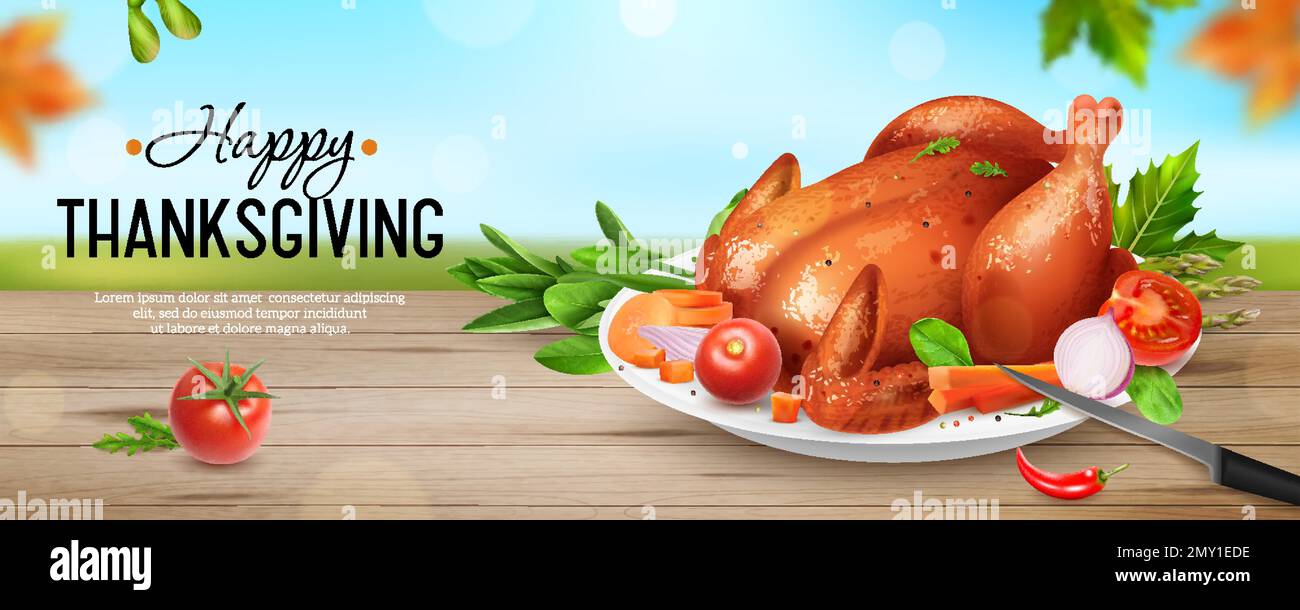 Felice giorno di ringraziamento poster orizzontale realistico con tacchino fritto o pollo con decorazione su piastra vettore illustrazione Illustrazione Vettoriale