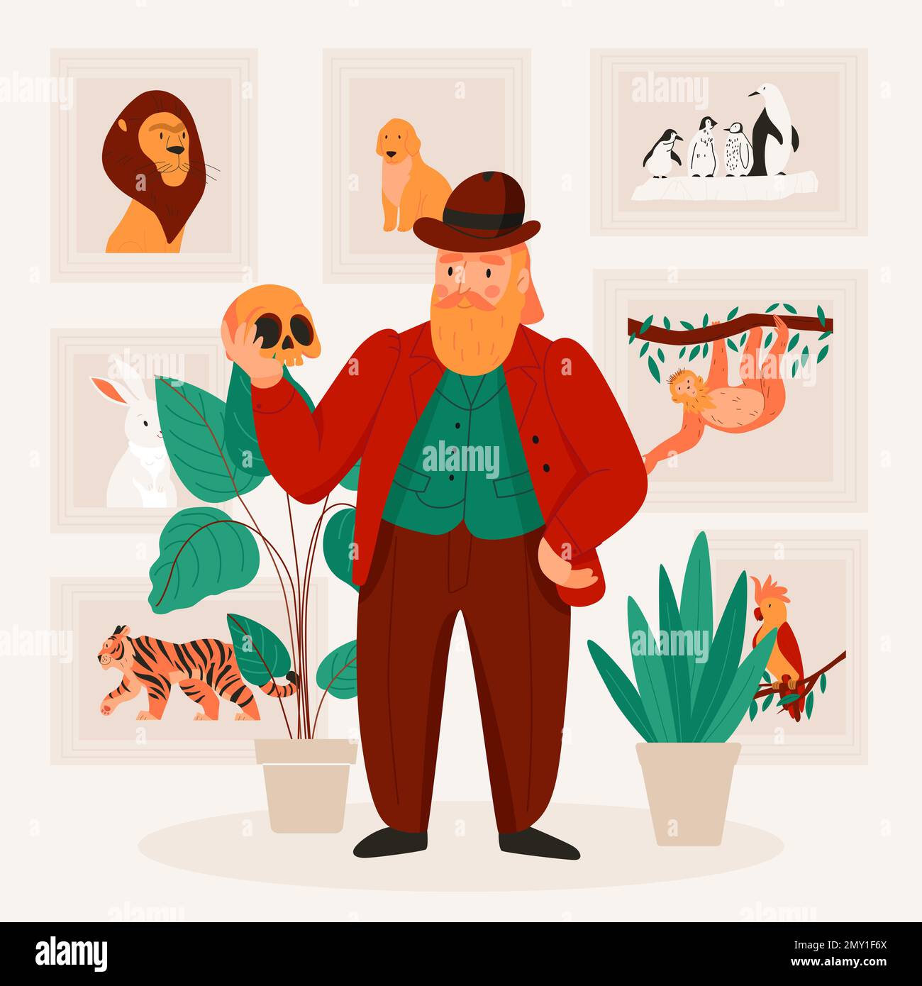 Grande scienziato charles darwin tenendo il cranio in background con immagini di animali piano vettore illustrazione Illustrazione Vettoriale