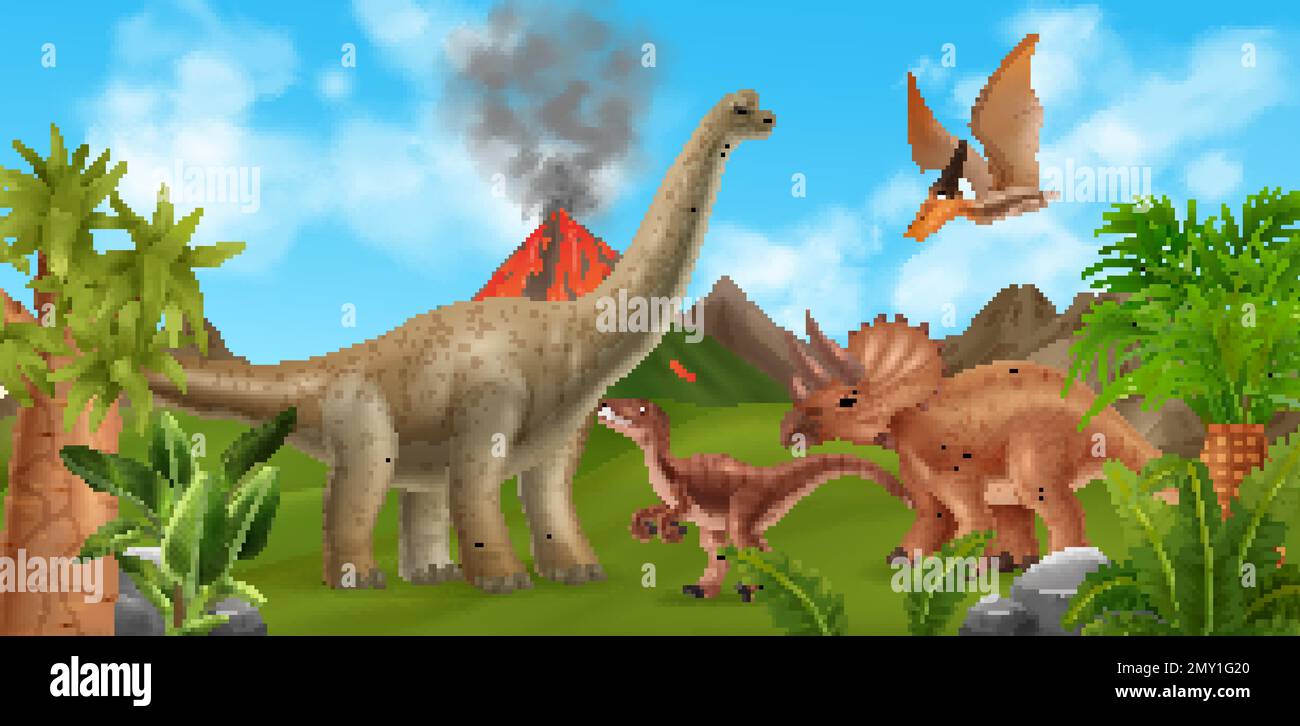 I dinosauri camminano e volano sullo sfondo con piante antiche del vulcano in eruzione e un'illustrazione vettoriale realistica del cielo blu Illustrazione Vettoriale