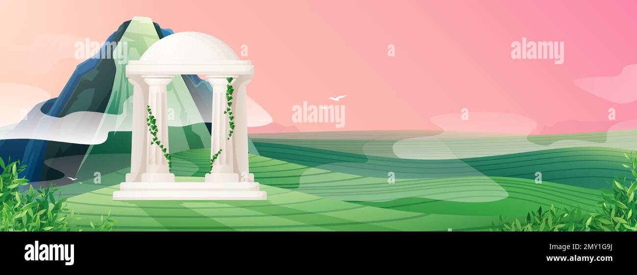 Paesaggio pianeggiante con gazebo in cemento in stile greco con vite su colonne e verde valle vettore illustrazione Illustrazione Vettoriale