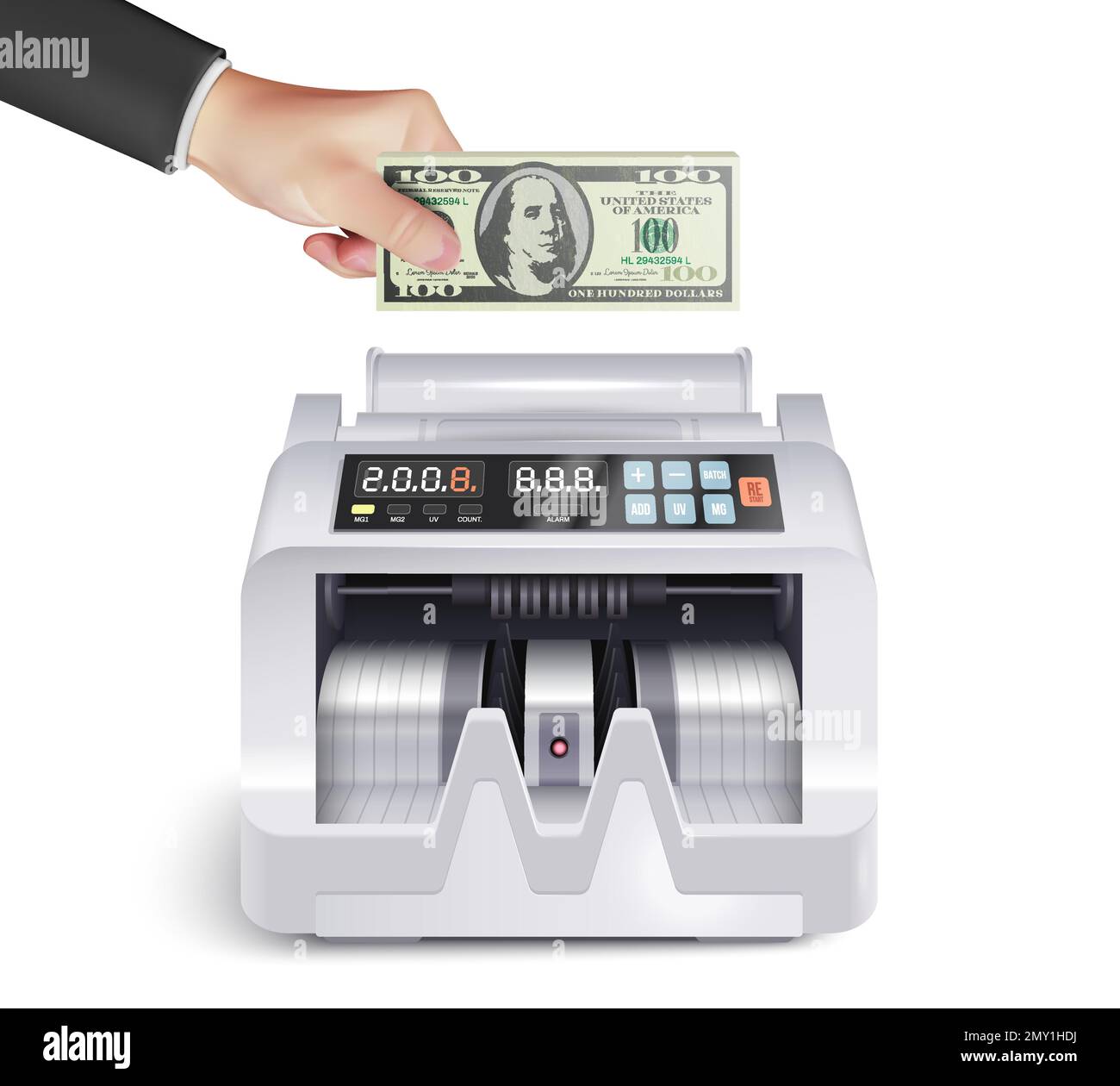 Composizione realistica della macchina di conteggio di soldi con la mano umana che mette la banconota del dollaro nel dispositivo sull'illustrazione del vettore di fondo vuota Illustrazione Vettoriale