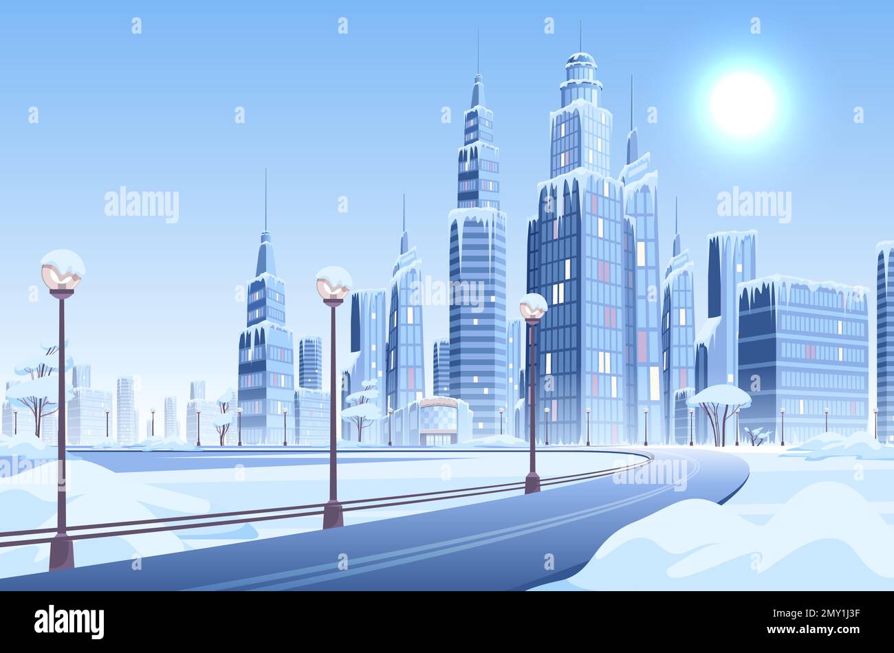 Neve di ghiaccio moderna composizione della città con vista della città di giorno di inverno in zona urbana con illustrazione vettoriale degli edifici Illustrazione Vettoriale