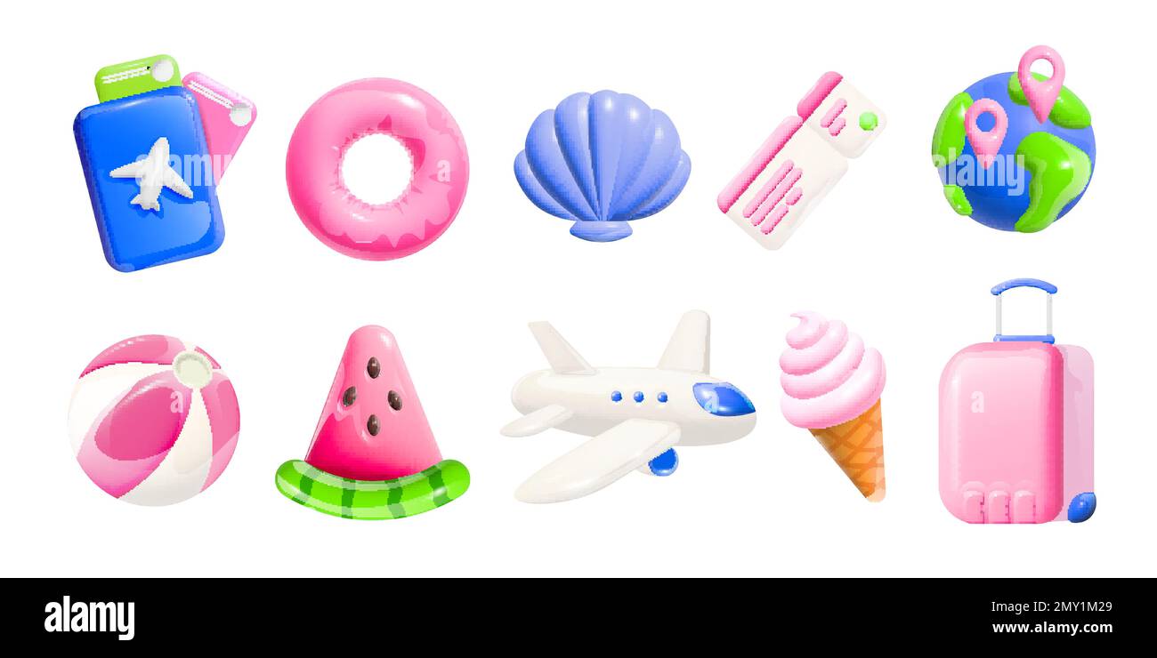 Estate vacanza cartone animato set di globo Seashell aereo biglietti frutti tropicali gelato lifeboa icone isolate vettore illustrazione Illustrazione Vettoriale