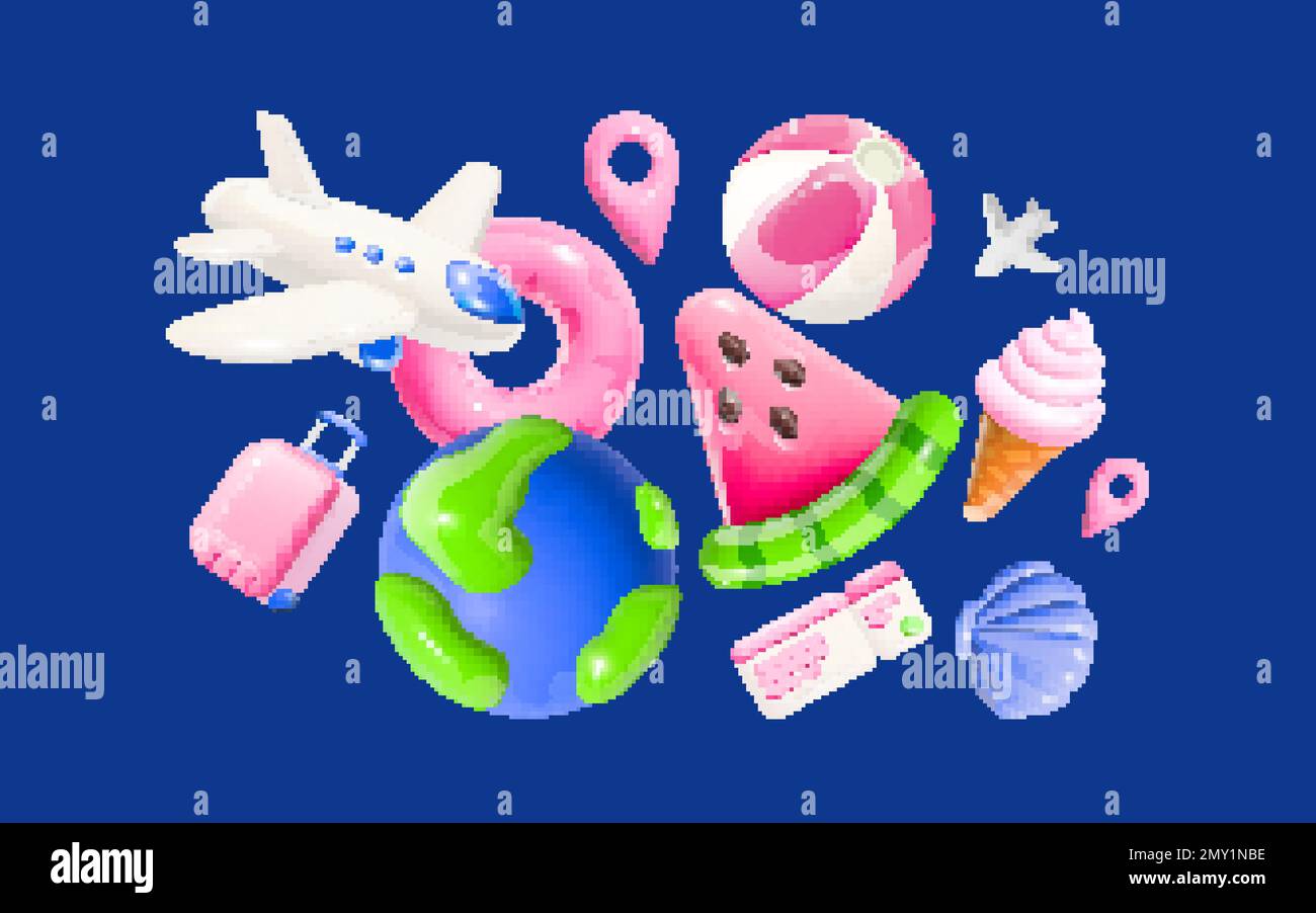 Viaggio sfondo astratto con aereo valigia globo biglietti lifebuoy pallavolo palla gelato Seashell cartoon icone vettore illustrazione Illustrazione Vettoriale