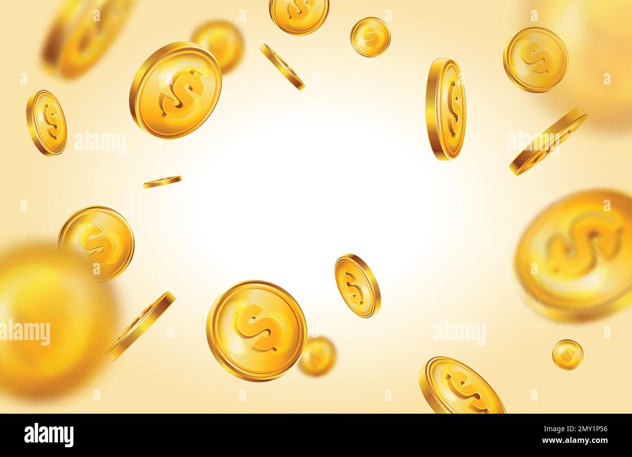 Realistiche composizioni di monete d'oro con una sorgente luminosa a gradiente luminoso circondata da soldi volanti con simboli del dollaro illustrazione vettoriale Illustrazione Vettoriale