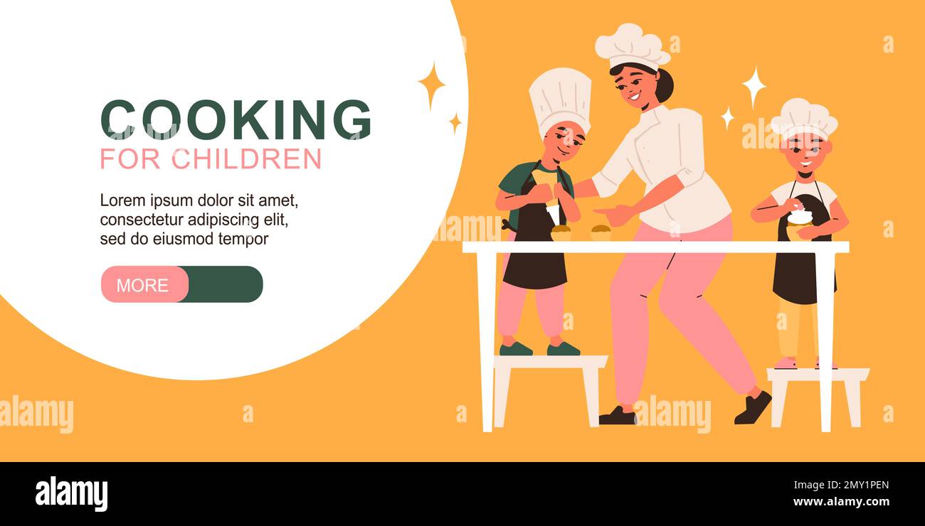 Cucina per i bambini banner orizzontale con chef professionista femminile insegnare bambini piccoli a decorare torte vettore illustrazione Illustrazione Vettoriale