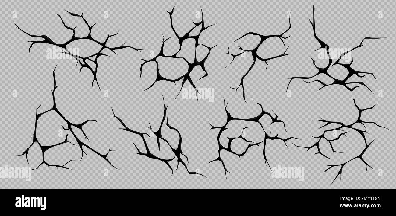 Crepe al suolo realistiche Set di immagini di fratture nere con rami di forma diversa su illustrazione vettoriale di sfondo trasparente Illustrazione Vettoriale