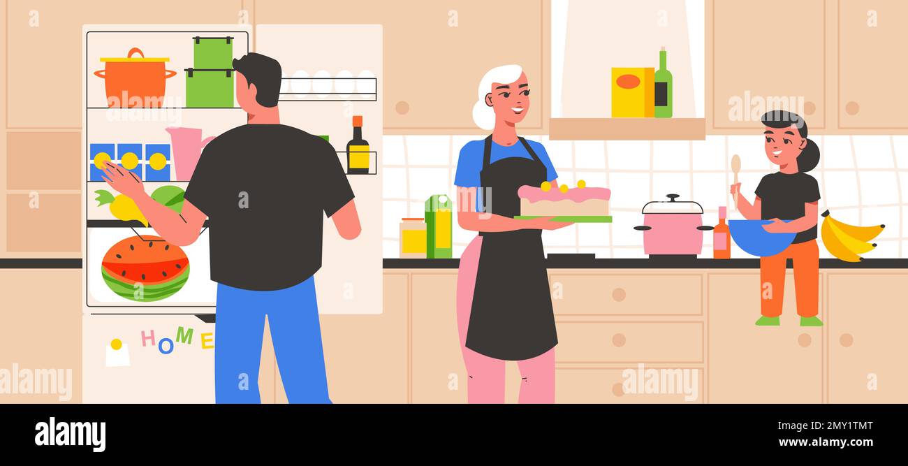 Famiglia in casa cucina interno sfondo piatto con madre che rappresenta torta di cottura sulla sua propria illustrazione vettore Illustrazione Vettoriale