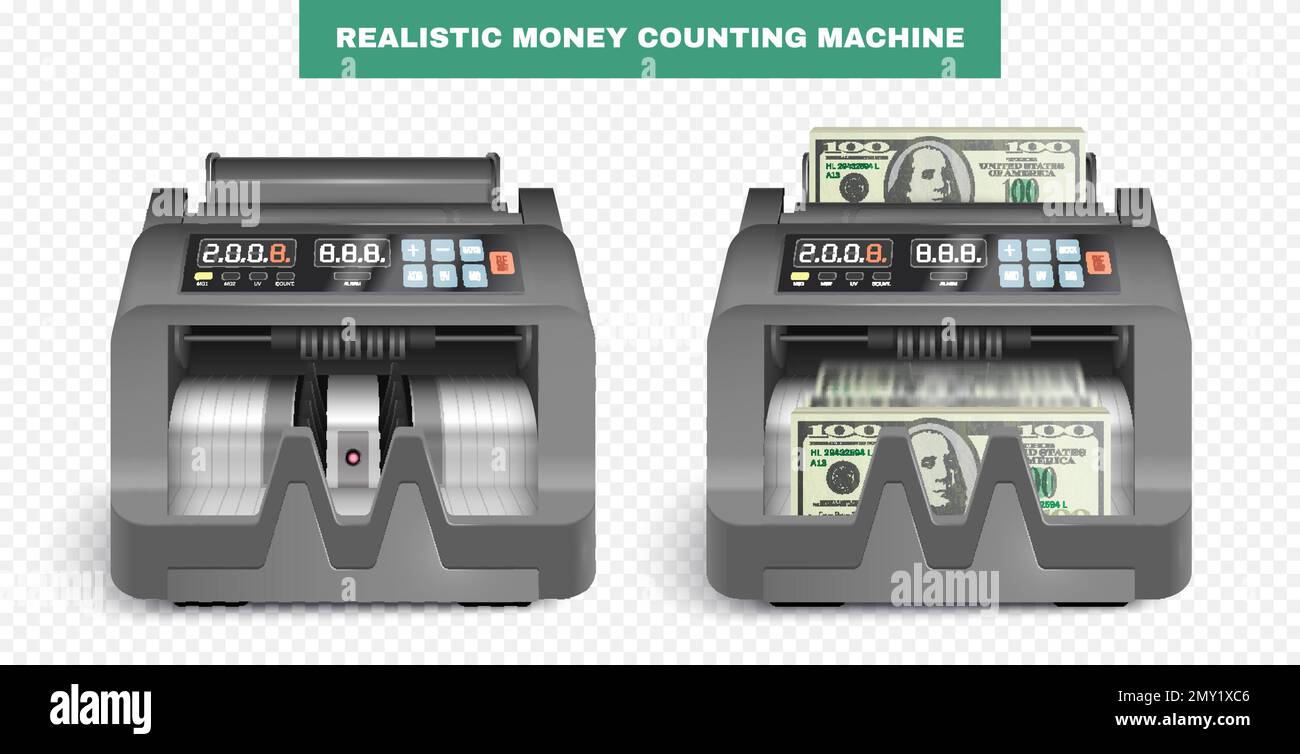 Set con due viste realistiche isolate della macchina per il conteggio del denaro con cassa caricata e illustrazione del vettore del dispositivo vuoto Illustrazione Vettoriale