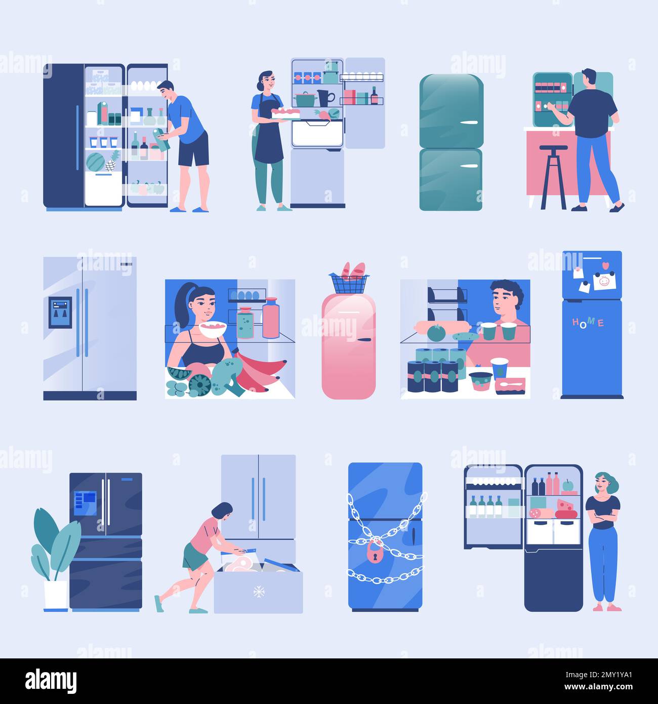 Frigorifero e persone colorano set di caratteri umani utilizzando frigorifero a casa per conservare cibo isolato vettore illustrazione Illustrazione Vettoriale