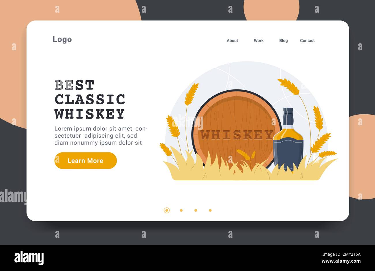 Pagina di destinazione del sito web piano di produzione di whiskey con collegamenti cliccabili pulsanti immagini di barile e bottiglia vettore illustrazione Illustrazione Vettoriale