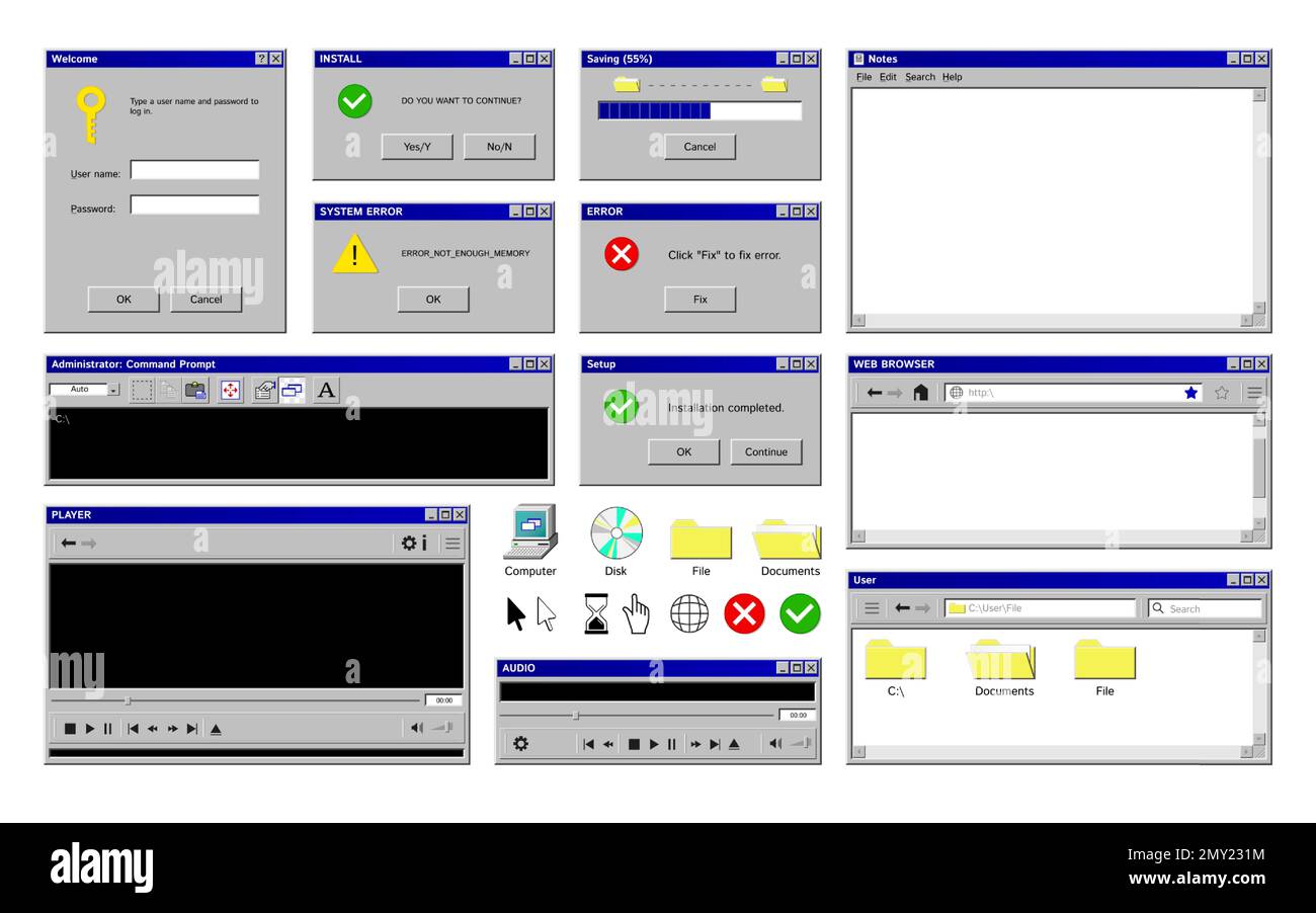 Vecchie finestre di programma con immagini isolate di retro computer app interfaccia con icone colorate pulsanti illustrazione vettoriale Illustrazione Vettoriale