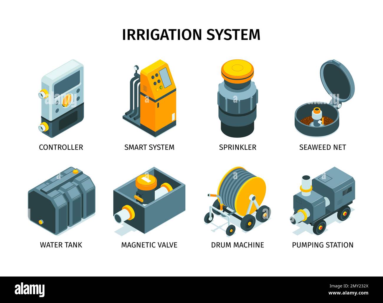 Icone isometriche degli impianti di irrigazione con didascalia, incluso controller macchina a tamburo stazione di pompaggio sprinkler isolato, illustrazione vettoriale Illustrazione Vettoriale